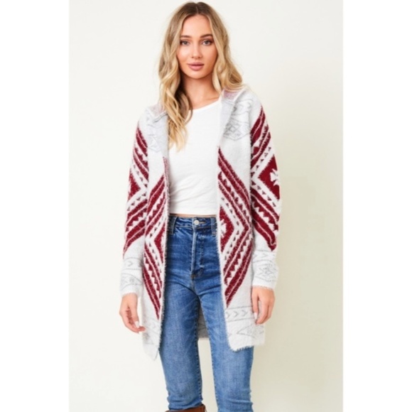 Wine Fuzzy Soft Knit Long Sleeve Aztec Tribal Native Western Cardigan Sweater - Picture 9 of 9